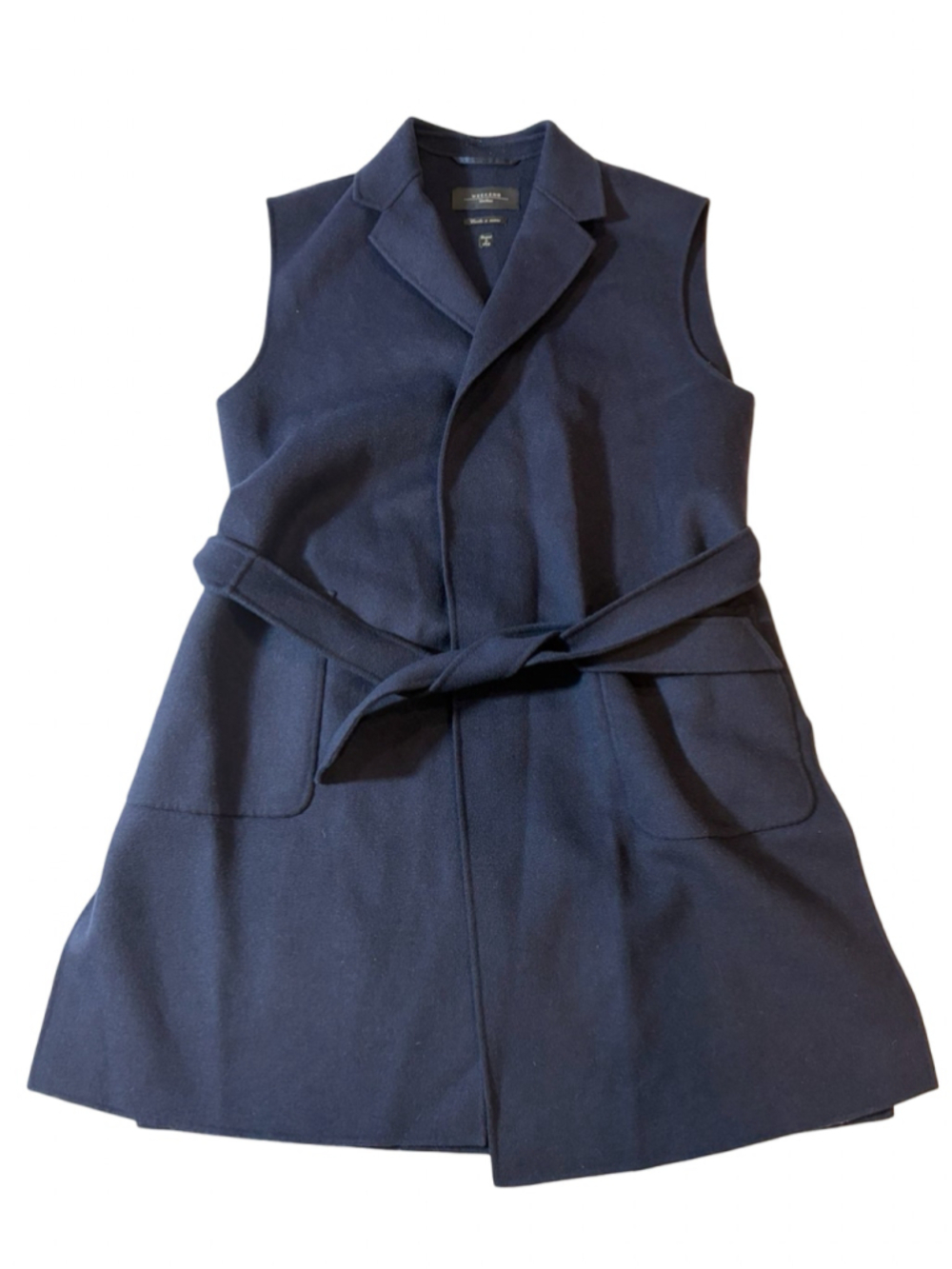 Weekend Max Mara Navy Belted Sleeveless Wool Blend Long Vest Coat Size 6